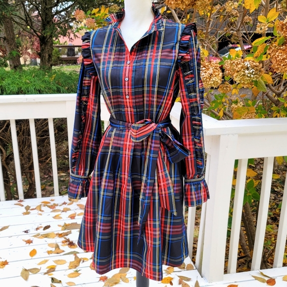 J. Crew Dresses & Skirts - New! J Crew sz M Belted Ruffle Black Tartan Plaid Christmas Dress NWT